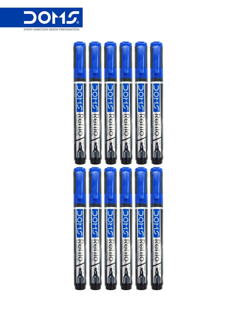 DOMS Permanent Marker Pen, Blue Ink, Chisel Tip, Refillable, Pack of 12 - Image 1